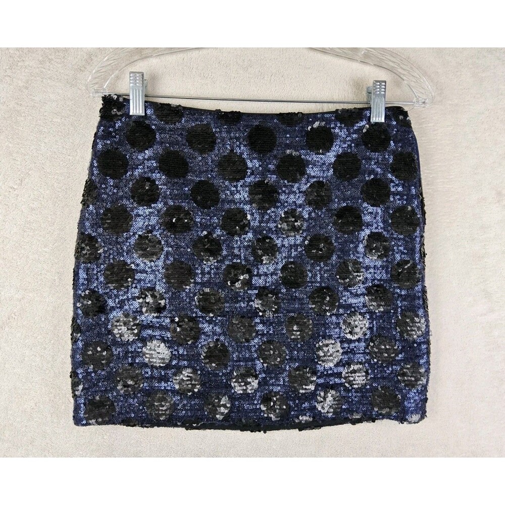 Broadway & Broome Women's Polka Dot Sequins Black Blue Mini Skirt Size 2